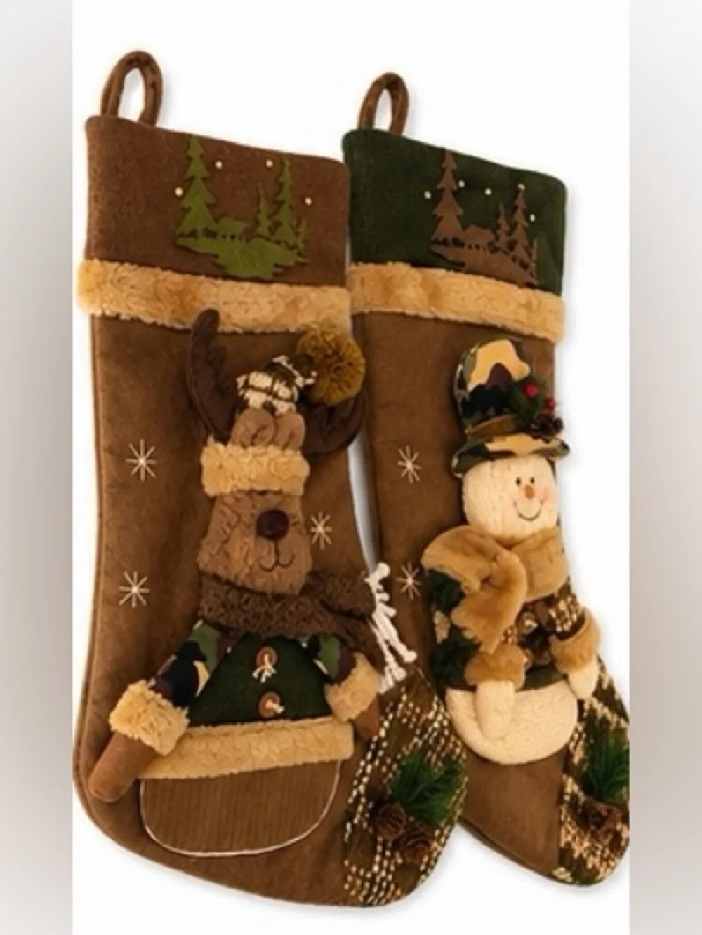 Handmade Rustic Artisan Christmas Stocking Set 2 Woodland Moose & Snowman Luxury